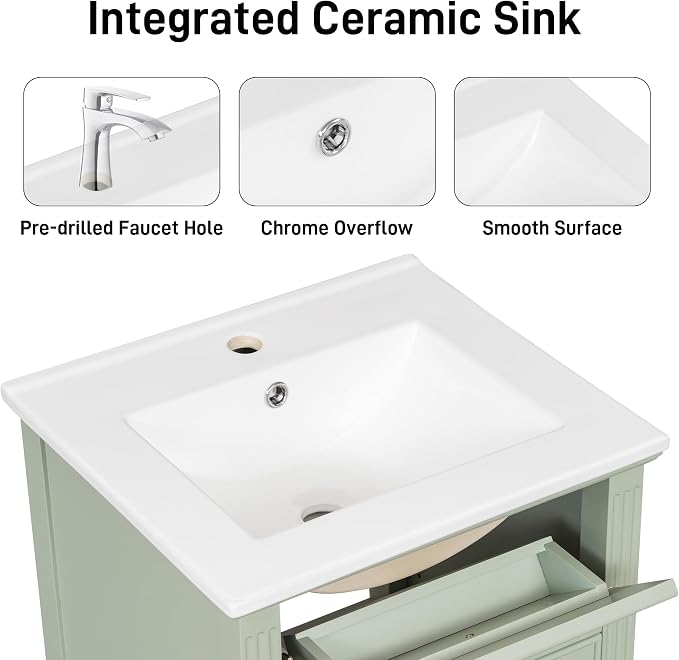 GDFStudio Hawthorne 20" Modern Bathroom Vanity with Sink, Freestanding Bathroom Vanity Organizer with Tilt Out Drawer, Adjustable Shelf and Solid Wood Legs, Single Sink Bathroom Vanity, Green