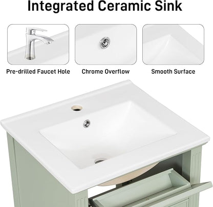 20 Inch Small Bathroom Vanity with Sink, Vanity Cabinet with Tip-Out Drawer and Door Rack Organizer, Adjustable Shelf, Green