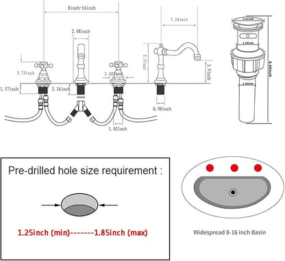 GGStudy 2 Handles 3 Holes Faucet Widespread Bathroom Sink Faucet Brushed Nickel Basin Tap Mixer Faucet Matching Pop Up Drain