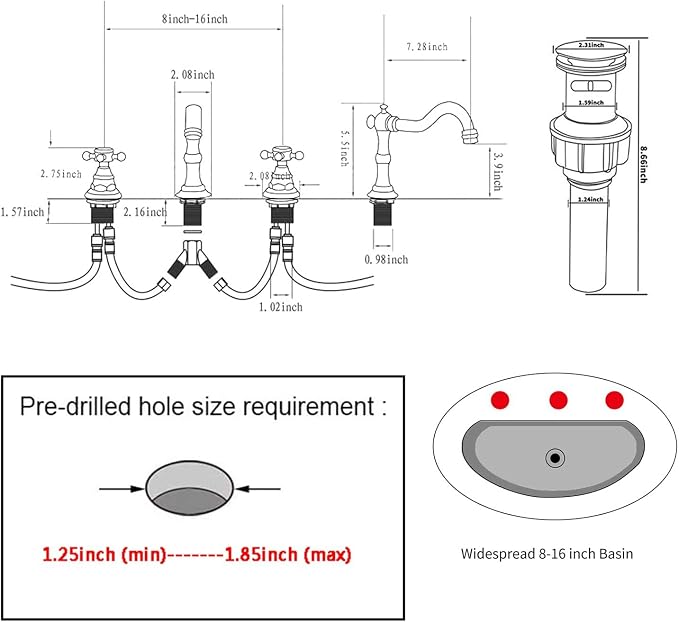 2 Handles 3 Holes Faucet Widespread Bathroom Sink Faucet Chrome Basin Mixer Tap Matching Pop Up Drain with Overflow