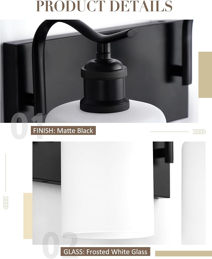 4-Light 27 Inch Bathroom Vanity Light,White Frosted Glass,Black | Black,Over Mirror Wall Light,E26 sockets,for bathroom mirror,powder room,dressing area,wall-mounted vanity lighting