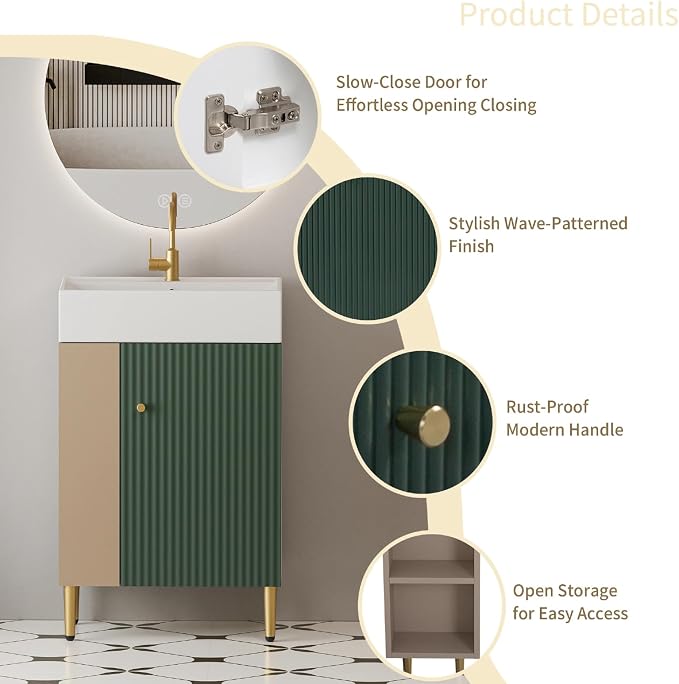 21.6" Freestanding Bathroom Vanity with Ceramic Sink, Green | Ceramic Sink, Wave-Pattern Door & Two-Layer Left Open Compartment, Bathroom Storage Cabinet, Easy Installation