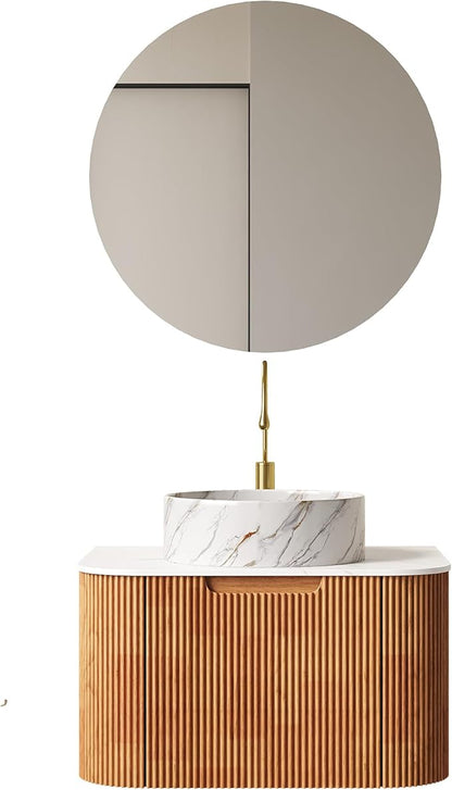 24'' Floating Vanity with Sink Combo, Modern Wall-Mounted Curved Edges Striped Bathroom Storage Cabinet with Soft-Close Drawer and White Stone Pattern Basin, Natural Walnut