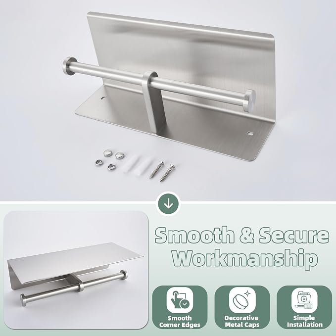 Brushed Nickel Double Toilet Paper Holder with Shelf, Wall Mounted | 304 Stainless Steel, Rust-resistant for Bathroom Restroom Powder Room, Dual Rolls Tissue Holder, Large Phone Storage