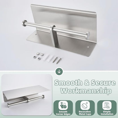 Brushed Nickel Double Toilet Paper Holder with Shelf, Wall Mounted | 304 Stainless Steel, Rust-resistant for Bathroom Restroom Powder Room, Dual Rolls Tissue Holder, Large Phone Storage
