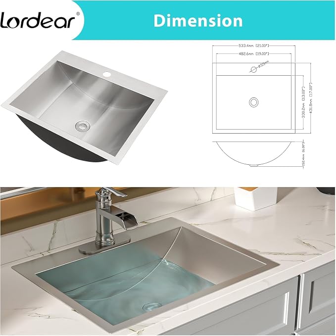 Lordear Stainless Steel Bathroom Sink 20x17 Inch Rectangular 304 Stainless Steel Vanity Topmount Lavatory Sink, Modern Drop In Bathroom Basin with Pop Up Drain Assembly