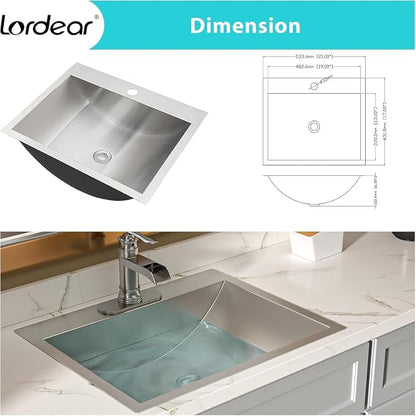 Lordear Stainless Steel Bathroom Sink 20x17 Inch Rectangular 304 Stainless Steel Vanity Topmount Lavatory Sink, Modern Drop In Bathroom Basin with Pop Up Drain Assembly