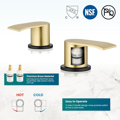gotonovo Waterfall 8 inch Widespread Bathroom Faucet Set Bathroom Sink Faucet 3 Hole 2 Handle Vanity Lavatory Deck Mount with Pop Up Drain and Water Supply Lines Round Body Brushed Gold and Black