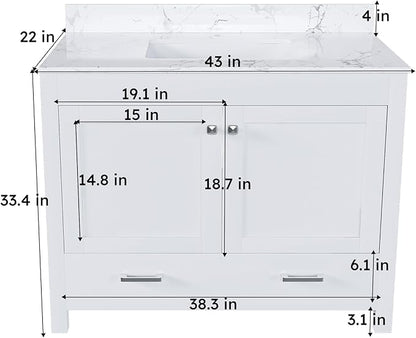 Montary 42" Bathroom Vanity with 43" Artificial Marble Carrara White Top, Modern Stylish MDF Bathroom Storage Cabinet, Vanity Set with 2 Doors and One Large Divided Drawer, White (Single Hole)