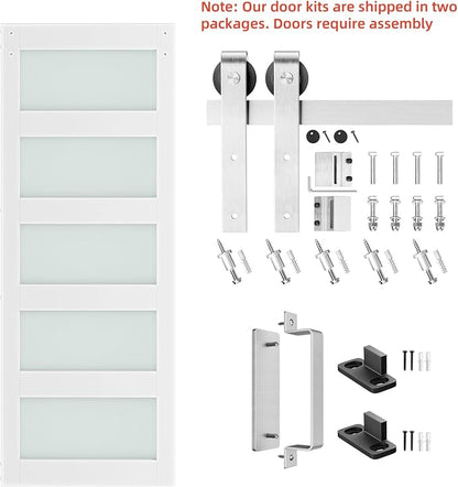 SMARTSTANDARD 32 x 84 in Glass Barn Door with 6FT Silver Sliding Hardware | Brushed Nickel Sliding Hardware Kit & Handle, Pre-Drilled Ready to Assemble, Waterproof PVC Coating, White, 5-Panel Glass