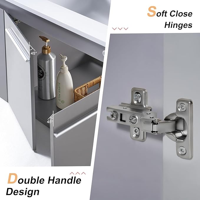 60-Inch Double Sink Floating Vanity with Human Sensor LED, High Gloss Wall Mounted Bathroom Vanity with Sink, Modern Bath Sink Vanity Cabinet with Metal Handles, Gray