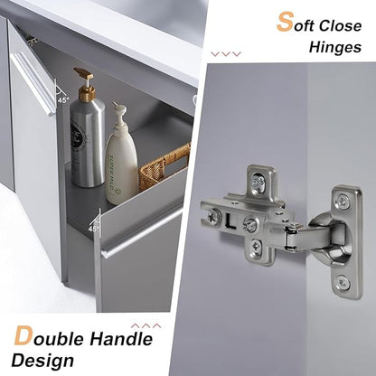 60-Inch Double Sink Floating Vanity with Human Sensor LED, High Gloss Wall Mounted Bathroom Vanity with Sink, Modern Bath Sink Vanity Cabinet with Metal Handles, Gray
