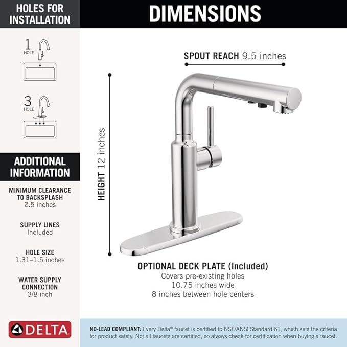Delta Daneri Chrome Kitchen Faucet with Pull-Out Sprayer, Modern Single Hole Kitchen Sink Faucet, Single Handle, Chrome 16879-DST