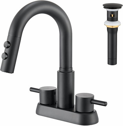 Bathroom Faucet with Sprayer, Matte Black 2 Handles with Pop-Up Drain | Kablle 3 Holes Pull Out 4 inch Centerset Laundry Bar Basin Pull Out Faucet with Pop-Up Drain, KBL-MP-6002B-CL