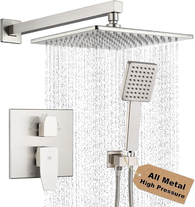 Shower Faucet Set Brushed Nickel Rainfall 10 Inch Shower Head and Handle Set Bathroom Rain Shower System Wall Mounted Shower Fixture Include Shower Valve and Trim Kit