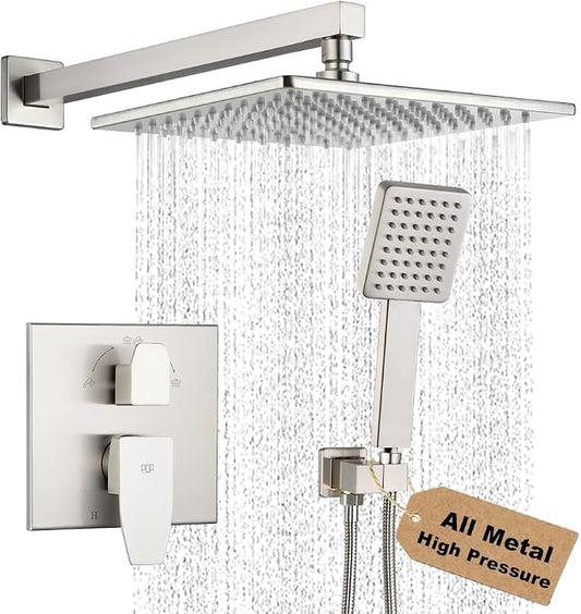 Shower Faucet Set Brushed Nickel Rainfall 10 Inch Shower Head and Handle Set Bathroom Rain Shower System Wall Mounted Shower Fixture Include Shower Valve and Trim Kit