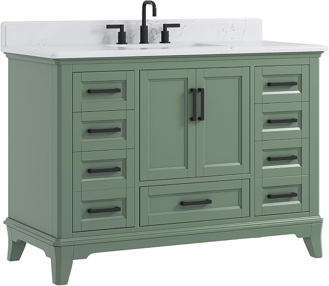 48 Inch Fully Assembled Bathroom Vanity with Sink, Sage Green | Modern Solid Wood Freestanding Vanity for Bathroom, Quartz Top & Backsplash, Soft-Close Doors, Dovetail Drawers, Bath Upgrade