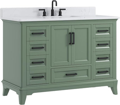 48 Inch Fully Assembled Bathroom Vanity with Sink, Sage Green | Modern Solid Wood Freestanding Vanity for Bathroom, Quartz Top & Backsplash, Soft-Close Doors, Dovetail Drawers, Bath Upgrade