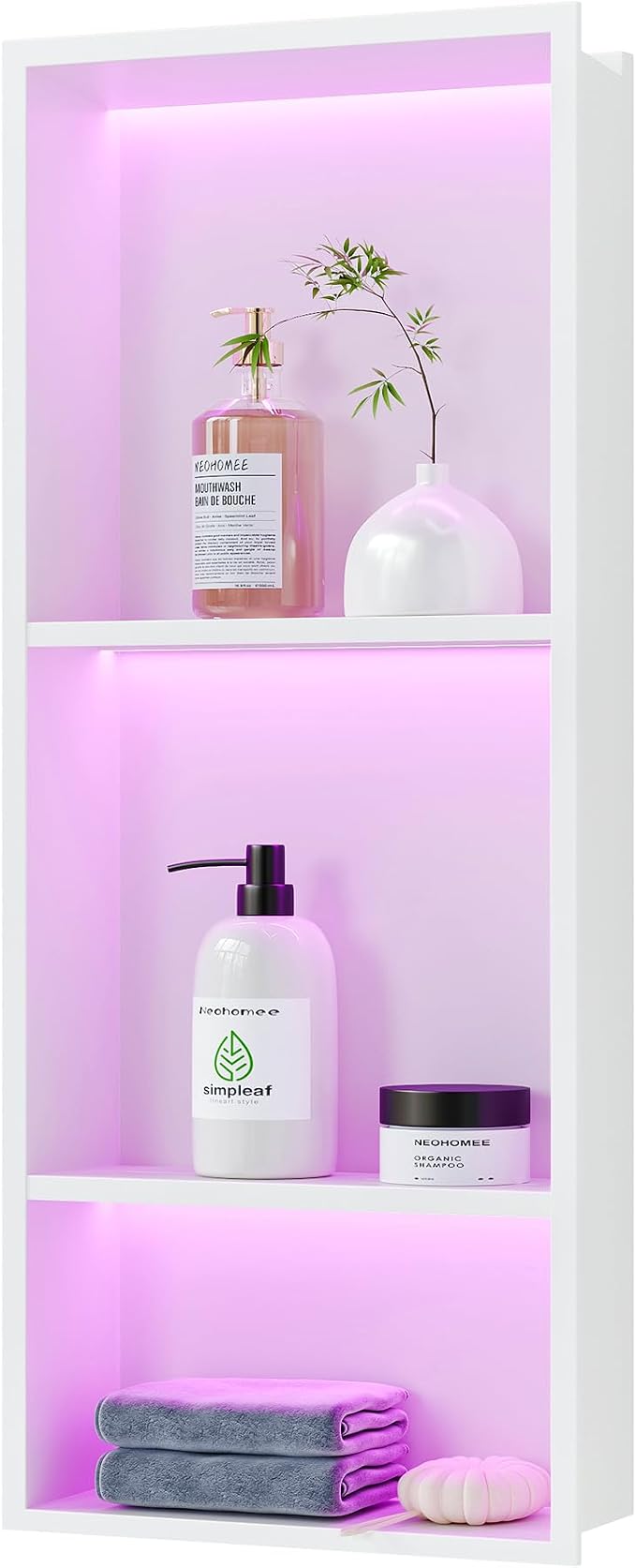 3-Tiers 12x30 Inch Wall Niche with RGB LED Light Strips, White Shower Niche Cabinet, Stainless Steel Bathroom Shelf, NO Tile Needed Recessed Storage Organizer Waterproof