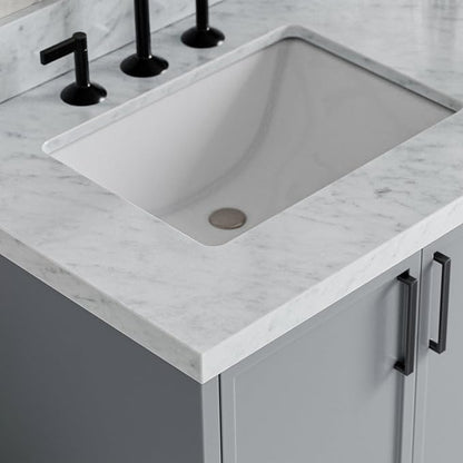 ARIEL Kelly 72-inch Bathroom Vanity with Sink,Solid Wood, 1.5-inch Italian Carrara Marble Countertop & Backsplash, Double Rectangular Porcelain Sink, 4 Soft Closing Doors, 5 Dovetail Drawers, Grey