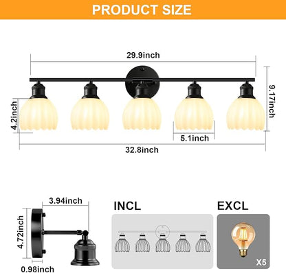 Bathroom Light Fixtures, 5-Light Brushed Black Vanity Lights for Bathroom with White Tulip Glass Shade, 30" Vintage Bathroom Vanity Lighting Fixtures Over Mirror for Bedroom Living Room Hallway