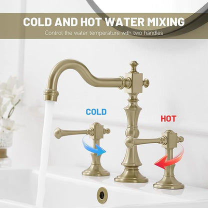 BWE 8 Inch Vintage Brass Bathroom Faucet for Sink 3 Hole Brushed Gold Bathroom Sink Faucet with Pop-up Drain and Supply Lines 2 Handle Widespread Bathroom Faucet Solid Brass