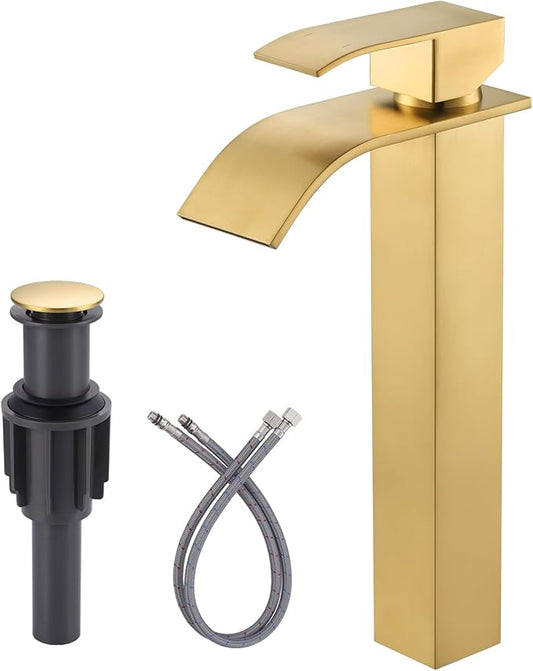 Vessel Sink Faucet Brushed Gold: ARCORA Single Hole Tall Bathroom Faucet, Single Handle Tall Waterfall Bathroom Faucet with Pop Up Drain and cUPC Supply Lines