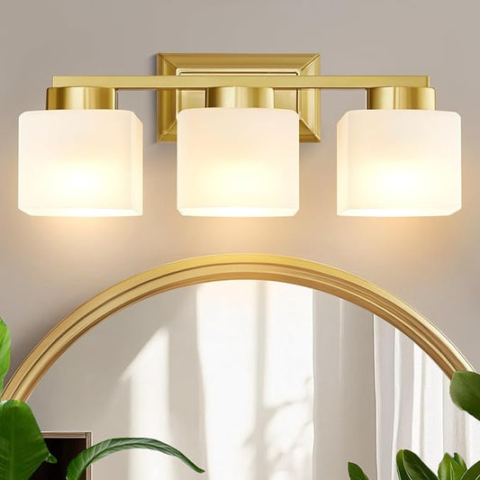 3-Light Bathroom Light Fixtures - Gold Bathroom Vanity Lights with Glass Shade Modern Bathroom Lighting Fixtures Over Mirror - Wall Sconce Lamps for Bedroom,Living Room,Hallway