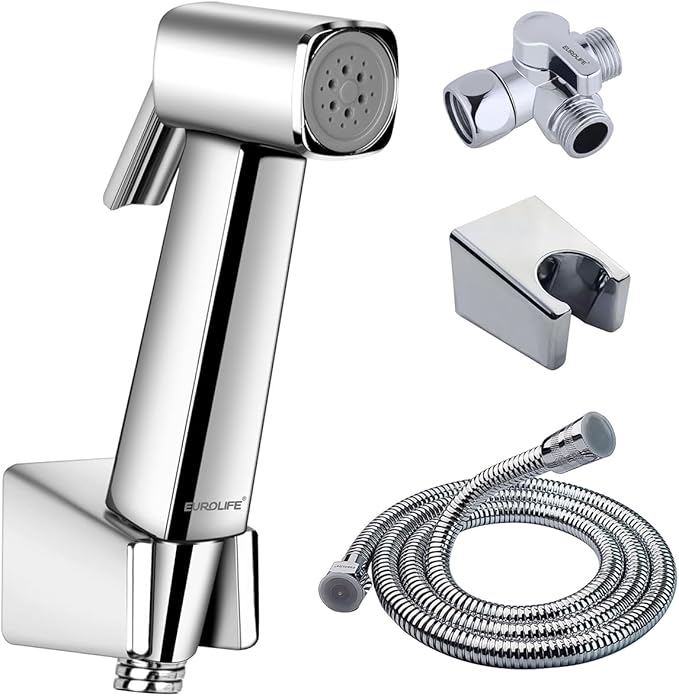Handheld Bidet Sprayer for Toilet, Lockable Push Button, High Pressure ABS Bidet Sprayer Set with Hose & T-Valve, Easy Install –Chrome – EL-X11-T