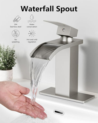 Waterfall Bathroom Faucet 1 Hole, Single Hole Bathroom Faucet, Single Handle Vanity Sink Faucet with Deck Plate, Pop-up Drain & Supply Lines, Brushed Nickel