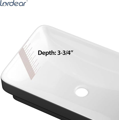 Lordear Vessel Sink Rectangle 19 Inch Bathroom Sinks 19"x12" Inch Semi Recessed Sink 5'' Deep Rectangular White Ceramic Modern Vanity Sink Bath Wash Above Counter Basin