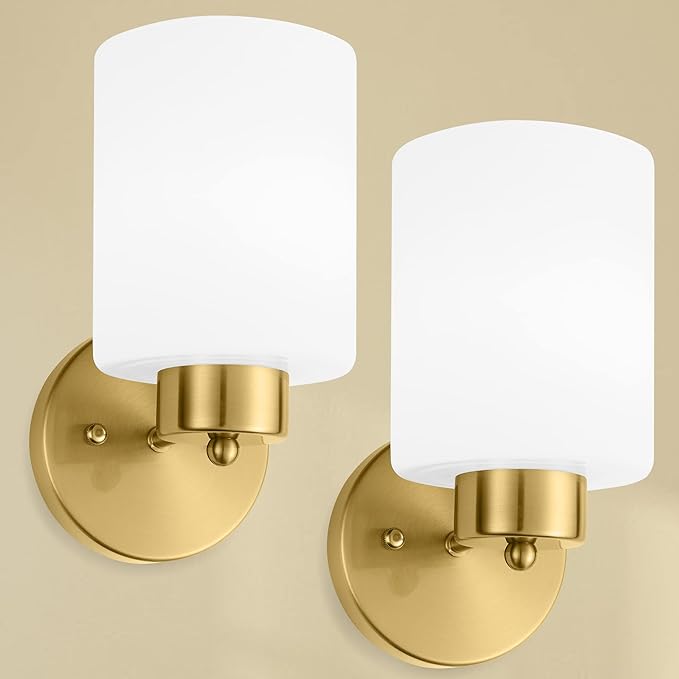 Frosted Wall Sconce Set of Two,Gold Sconce Bathroom Lighting,Modern Brass Vanity Light,Mid-Century Vanity Sconces for Bathroom,Livingroom,Kitchen