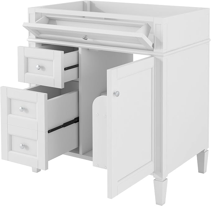 30" Bathroom Vanity Without Top Sink,Modern Freestanding Bath Storage Cabinet with 2 Soft-Close Drawers & Tip-Out Tray,Solid Wood Vanity Only w/Adjustable Shelf & Door Organizer,White