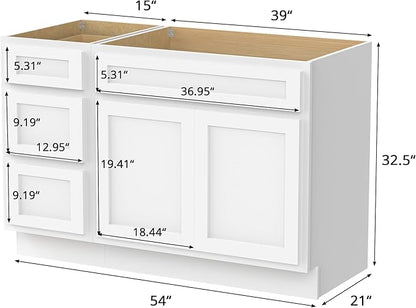 Vanity Art 54 inch Bathroom Vanity Base Only, Single Bathroom Vanity Cabinet with Soft Closing Shaker Drawer, Sturdy Floor Mounted Storage Cabinet Organizer for Bathroom, White, VA4039+VA4015-3
