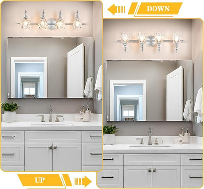 4 Light Brushed Nickel Bathroom Light Fixture, Antique Vanity Light with Flower Glass Shade, Bathroom Vanity Light Over Mirror, Farmhouse Sconces Wall Lighting for Hallway Livingroom Bedroom