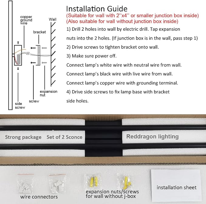 Only Suitable for Small Junction Box Dimmable Hardwired Wall Sconces 40'' | Set of 2 Vanity Lights Narrow Base Hardwired Home Decor Linear Sconces for Living Room Bedroom (2 Pack, 40'', Black)