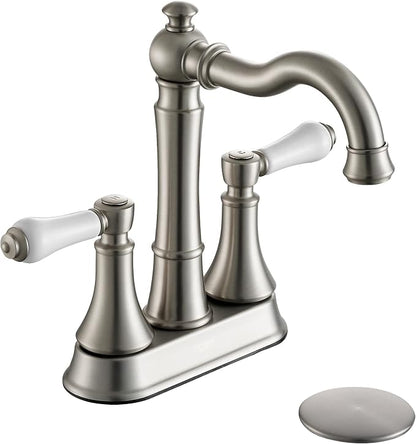 Porcelain 2-Handle Brushed Nickel Bathroom Faucet 4 Inch Centerset | with Plastic Pop-up Drain, Classical 4" Bath Lavatory Vanity Faucets for 2/3 Hole Sinks, High Arc 360° Swivel Brass Spout