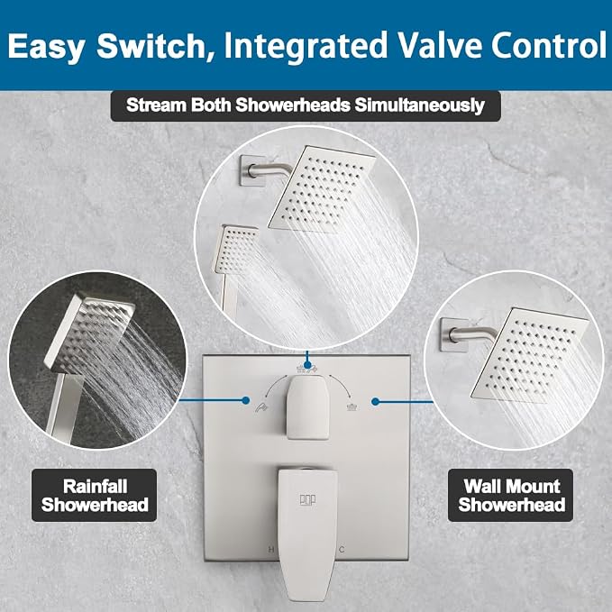 Shower Faucet Set Brushed Nickel 6 Inch Thickened Shower Head and Handle Set Shower System Wall Mounted Shower Fixture Include Shower Valve and Trim Kit