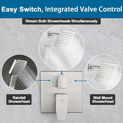 Shower Faucet Set Brushed Nickel 6 Inch Thickened Shower Head and Handle Set Shower System Wall Mounted Shower Fixture Include Shower Valve and Trim Kit