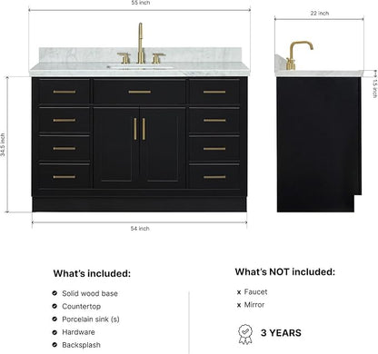 DKB Isabella 54-Inch Black Bathroom Vanity with Sink, 1.5-Inch Carrara White Marble Countertop, 4" Backsplash, Rectangle Sink, Soft-Close Solid Wood Cabinet, Premium Hardware