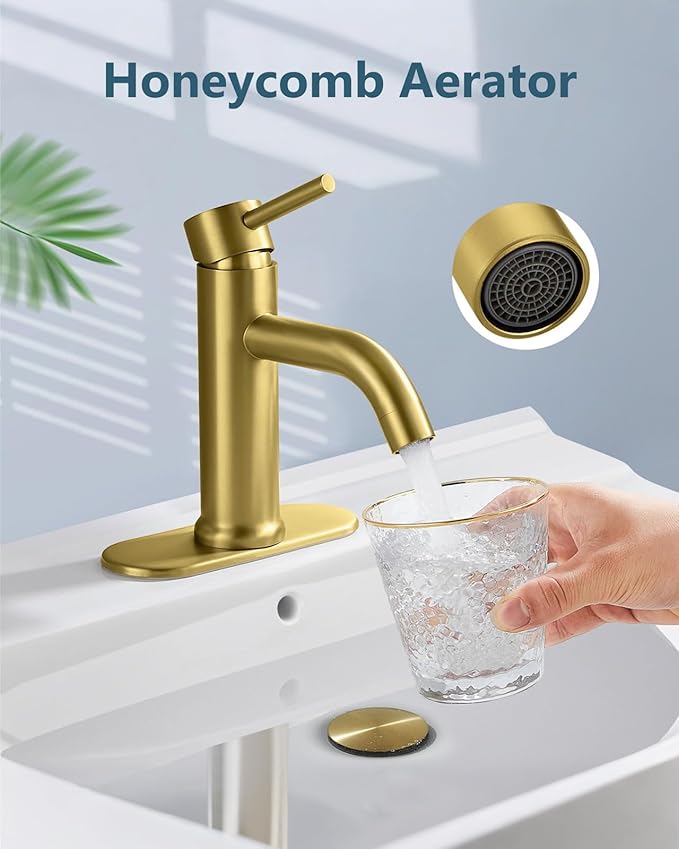 Aolemi Bathroom Faucet Single Hole,Single Handle Bathroom Sink Faucet with Supply Lines,with Pop Up Drain Assembly and Deck Plate,Gold