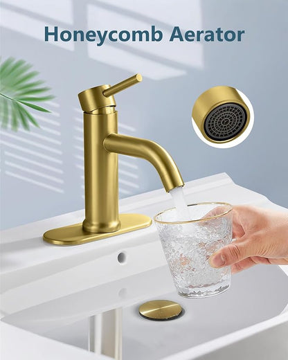 Aolemi Bathroom Faucet Single Hole,Single Handle Bathroom Sink Faucet with Supply Lines,with Pop Up Drain Assembly and Deck Plate,Gold