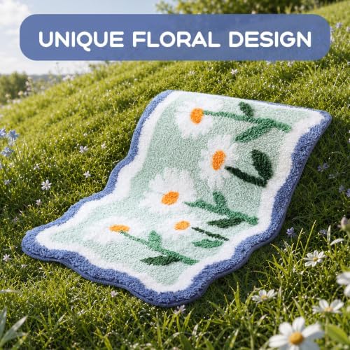 TRUEDAYS Daisy Floral Bathroom Rug, Cute Bath Mat for Bathroom, 32”x20” | Scalloped Shape Flower Bath Mat, Soft & Absorbent Tufted Bath Rugs with Non Slip Backing for Farmhouse Cottagecore Decor