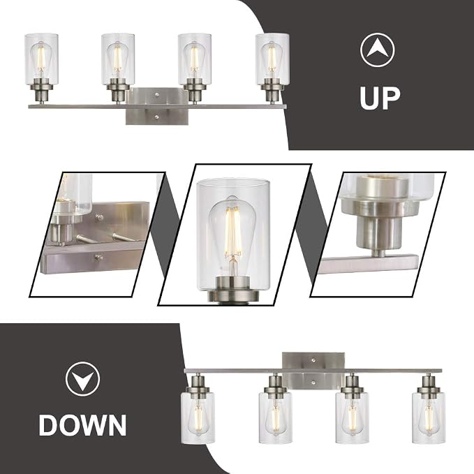 MELUCEE Bathroom Light Fixtures Brushed Nickel 4 Heads with Clear Glass | Modern Vanity Lights Wall Sconce with Clear Glass Shade for Hallway Kitchen Bedroom Living Room (Patent No.: US D963914 S)