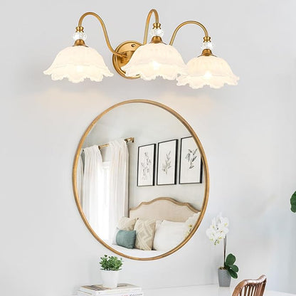 Vintage Bathroom Vanity Light, 3-Light Matte Brass Finish Vanity Light with Floral White Glass Shades, Retro Wall Sconce for Bathroom, Dressing Table