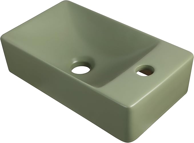 JONATHAN Y SNK1004F-R Felix 15 in. W x 8 in. D Modern Wall Mounted Rectangular Ceramic Mini Sink Basin, Right-Side Faucet, Matte Olive