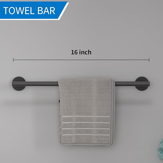 Matte Black Bathroom Hardware Set, 5 Pieces Bathroom Accessories Set,Stainless Steel 16 Inch Bath Towel Bar Set Wall Mounted,Robe Towel Hooks, Toilet Paper Holder,Towel Racks for Bathroom SP-60008-N