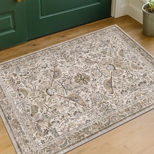Boho Moss 2x3 Indoor Rugs for Entryway, Vintage Washable Small Throw Rug for Kitchen, Non Slip Soft Floral Bathroom Carpet with Bird Pattern, Low Pile & Stain Resistant
