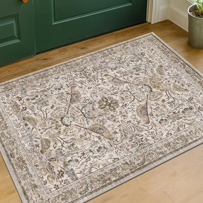 Boho Moss 2x3 Indoor Rugs for Entryway, Vintage Washable Small Throw Rug for Kitchen, Non Slip Soft Floral Bathroom Carpet with Bird Pattern, Low Pile & Stain Resistant