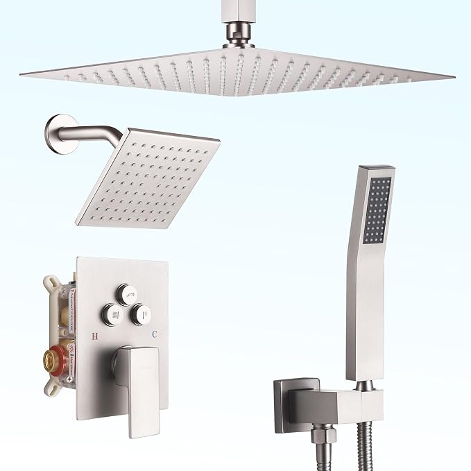 Dual Rainfall Shower Head System, Push Button Shower Faucet Set with 12" Ceiling Mount Rain shower head and 6" Wall Mount Shower Head, Pressure Balance Rough-in Valve (Brushed Nickel)